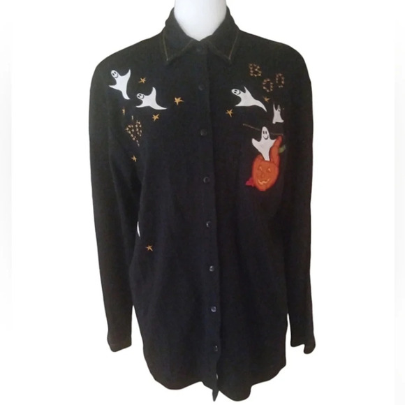 Karen Scott Tops - Karen Scott Cotton Rich Ghost Halloween Spooky Button Up Shirt Size Medium